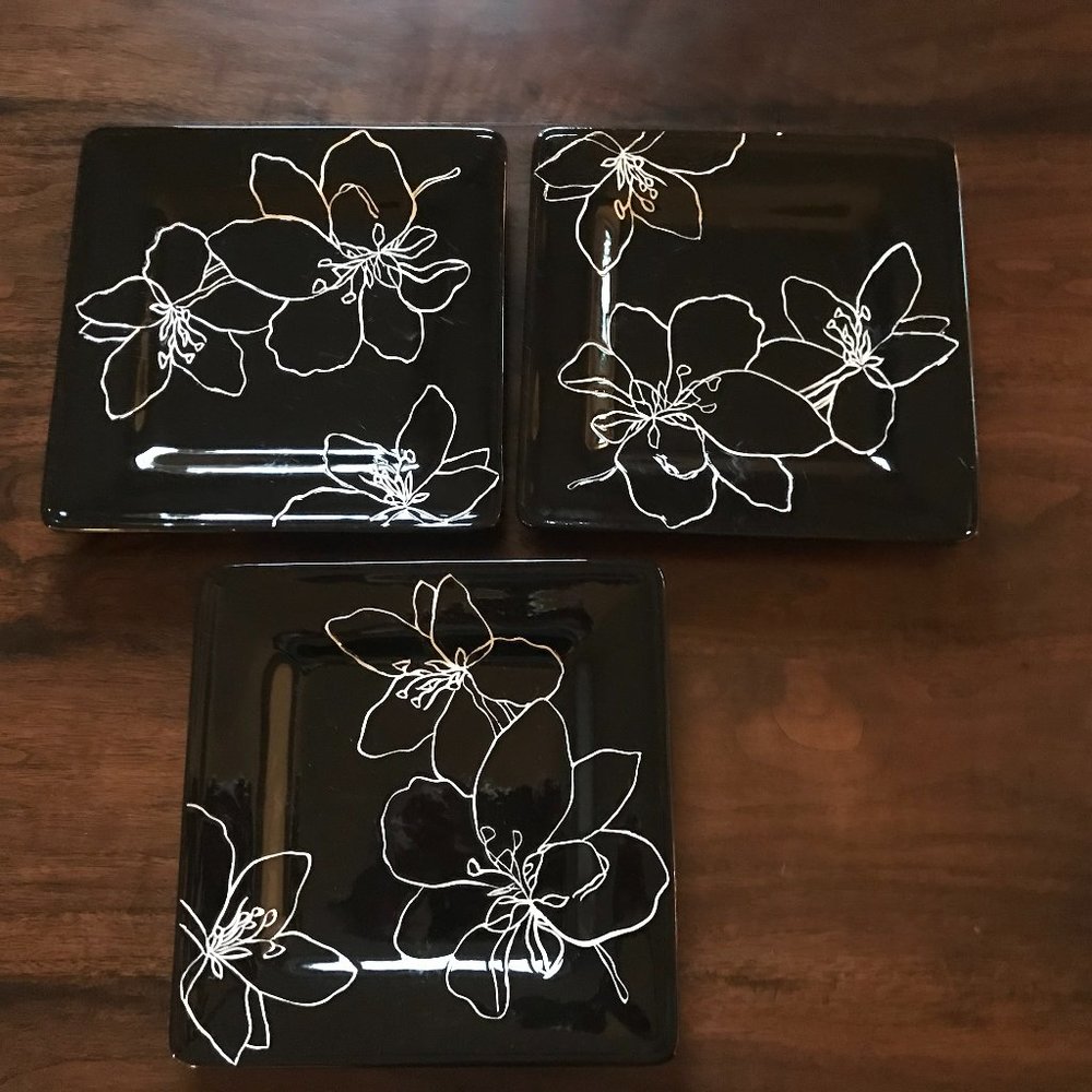 Laurie Gates Square Appetizer Plates Set/3 Black White Floral Stencil Anna